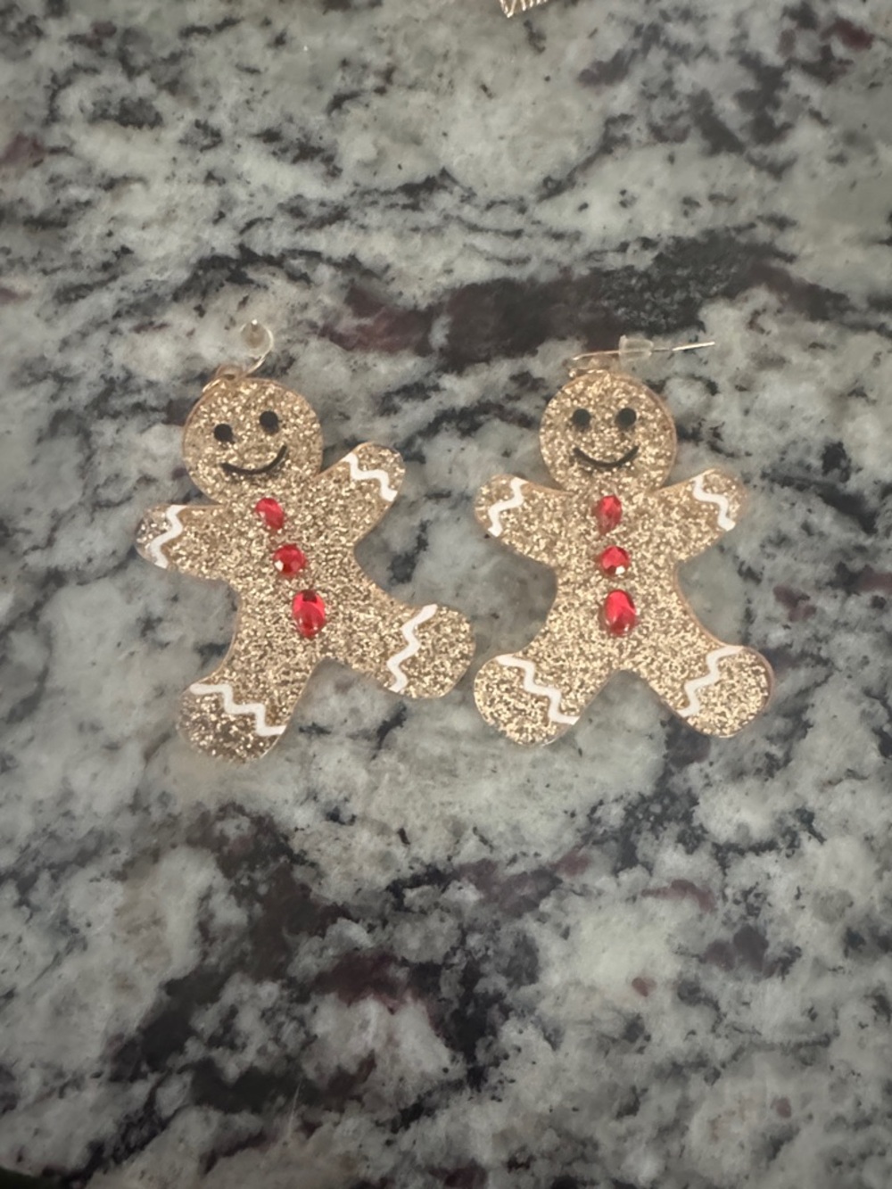 Glitter Gingerbread Man Earrings with Red Gem Accents